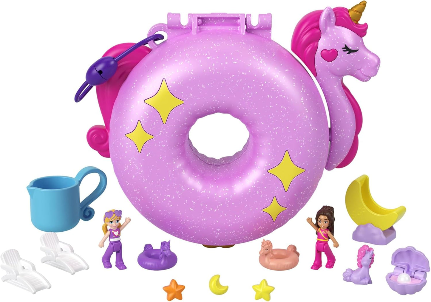 Polly Pocket Sparkle Cove Adventure Unicorn Floatie Compact Playset with 2 Micro Dolls & 12 Accessories, Including 2 with Color Change