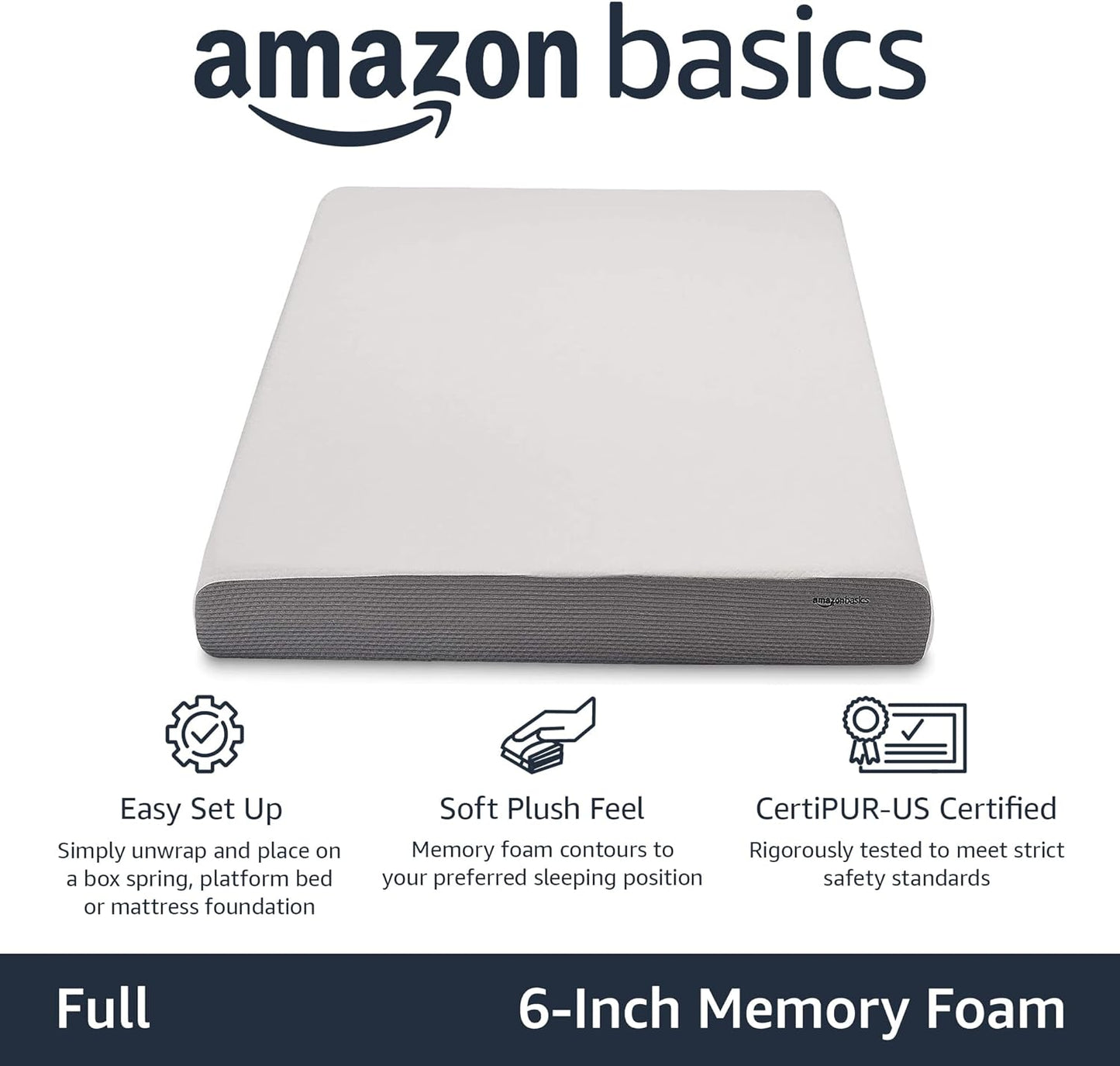 NEW - Amazon Basics Memory Foam Mattress, Soft Plush Feel, 6 Inch, Full, White/Grey - Retail $147