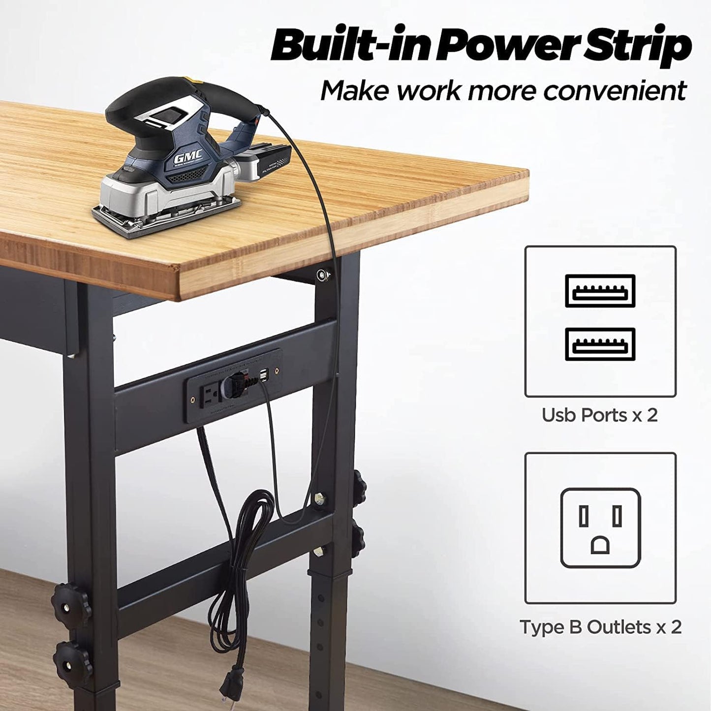 NEW - Workbench for Garage Workbench with Drawer Garage Workbench with Height Adjust with Power Outlet with Wheels 59" x 23.6" 1.5" Thick Bamboo Top 2700lbs Capacity Workbench for Home - Retail $499