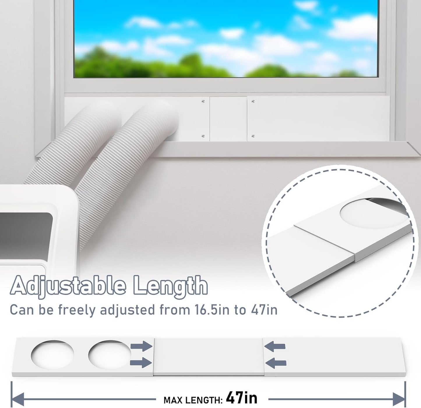 Flamorrow Dual Hose Portable Air Conditioner Window Kit, Adjustable Window Seal Plates for 5" Diameter Exhaust Hose, Sliding AC Window Vent Kit with Foam Seal Strip, White