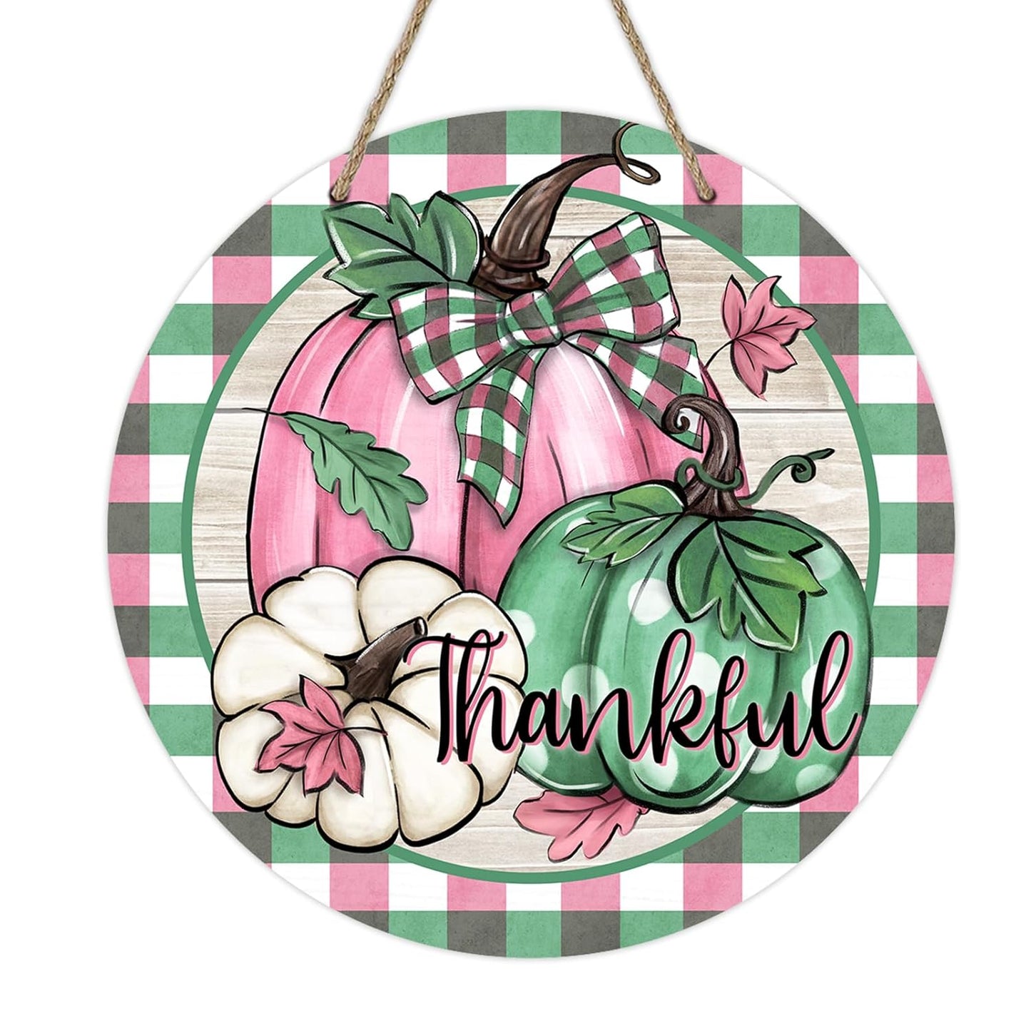 Fall Thanksgiving Thankful Pumpkin Front Door Sign, Pink Green Autumn Wood Door Hanger