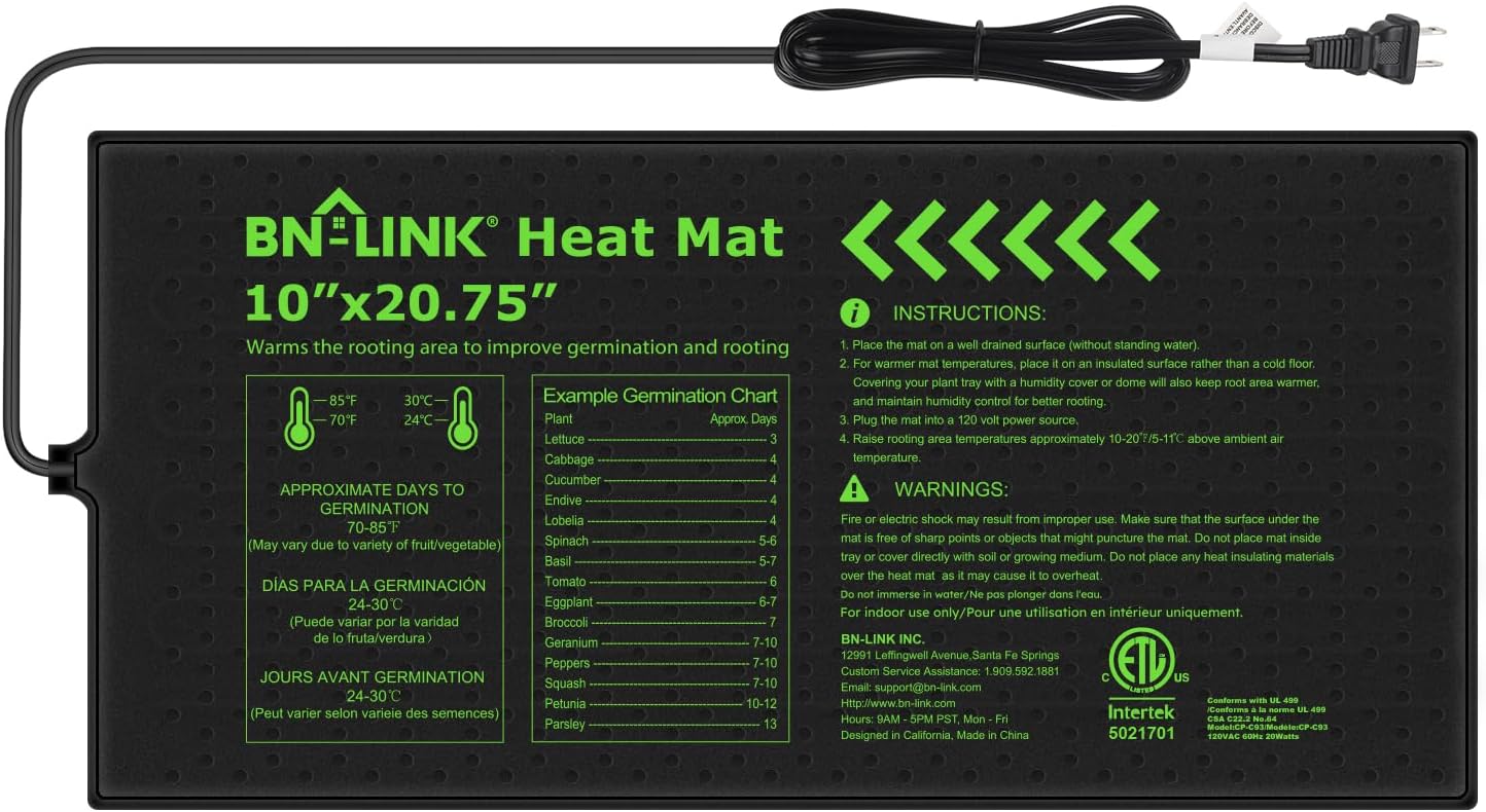 BN-LINK Durable Seedling Heat Mat for Seed Starting 10" x 20.75", Waterproof Warming Mat Plant Heating Pad for Seed Germination, Indoor Growing, Hydroponic, Greenhouse, ETL Listed