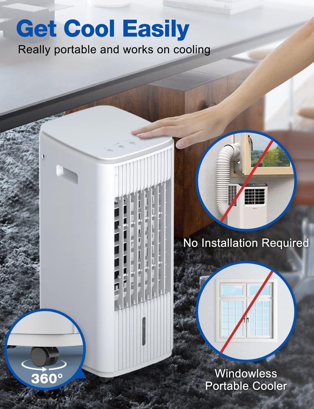Evaporative Air Cooler, 3-IN-1 Windowless Portable Air Conditioner with Natural/Cooling/Humidifier & 3-Speed, 70Â° Oscillation & 7 Timer Remote Control, Swamp Cooler w/4 Ice Packs for Home & Kitchen - Retail $189
