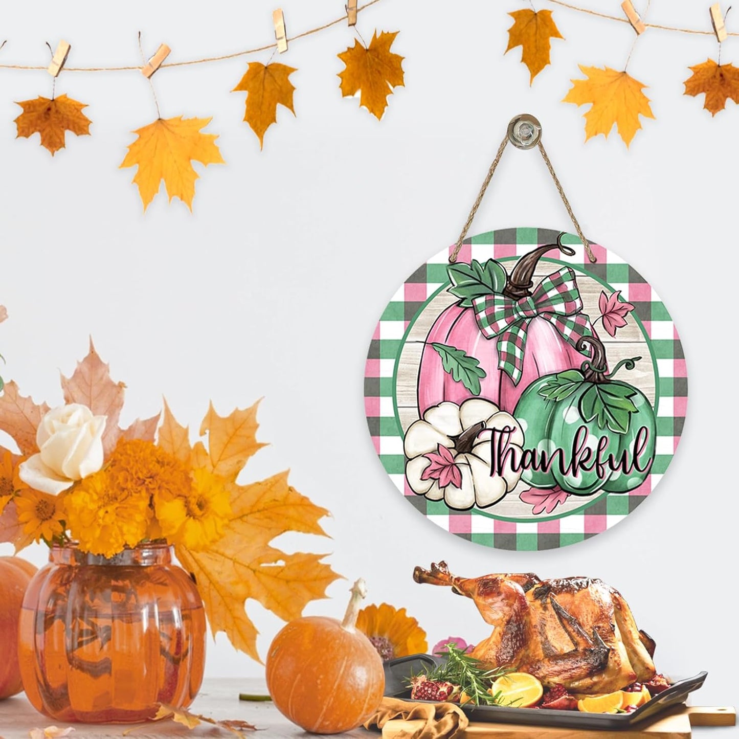 Fall Thanksgiving Thankful Pumpkin Front Door Sign, Pink Green Autumn Wood Door Hanger