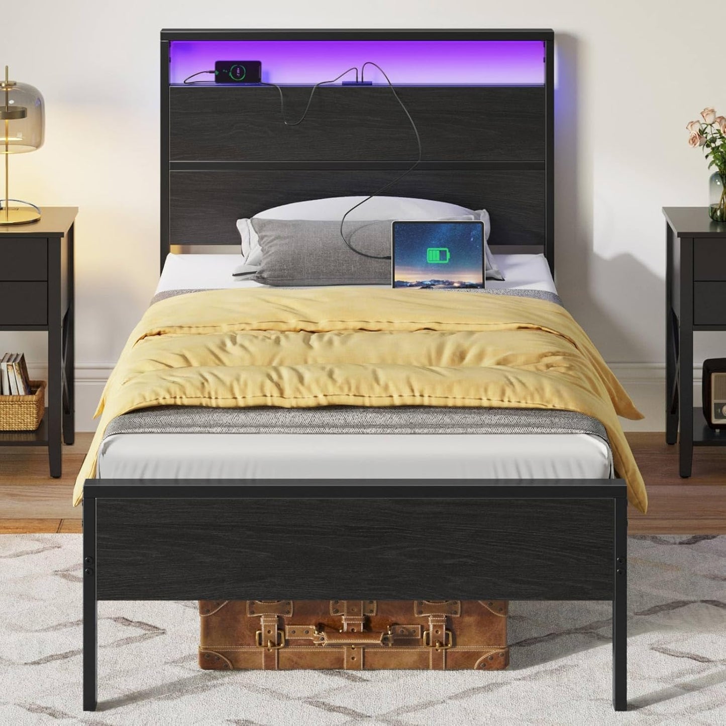 Rolanstar Twin Bed Frames with Headboard, Twin Bed with LED Lights, Camas Twin Size Bed with Charging Station, Solid Metal Slats, Noise Free, No Box Spring Needed, Black