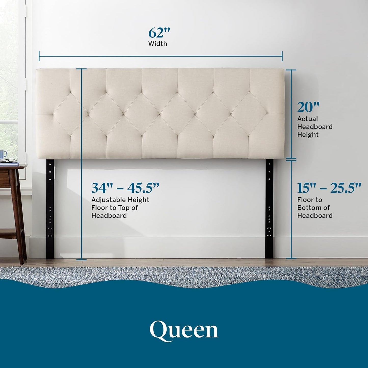 NEW - LUCID QUEEN Mid-Rise Upholstered Headboard - Diamond Tufted - Padded Polyester - Adjustable Height- Easy Assembly - Bed Frame or Wall Mount - Sturdy - Pearl - Queen Size - Retail $99