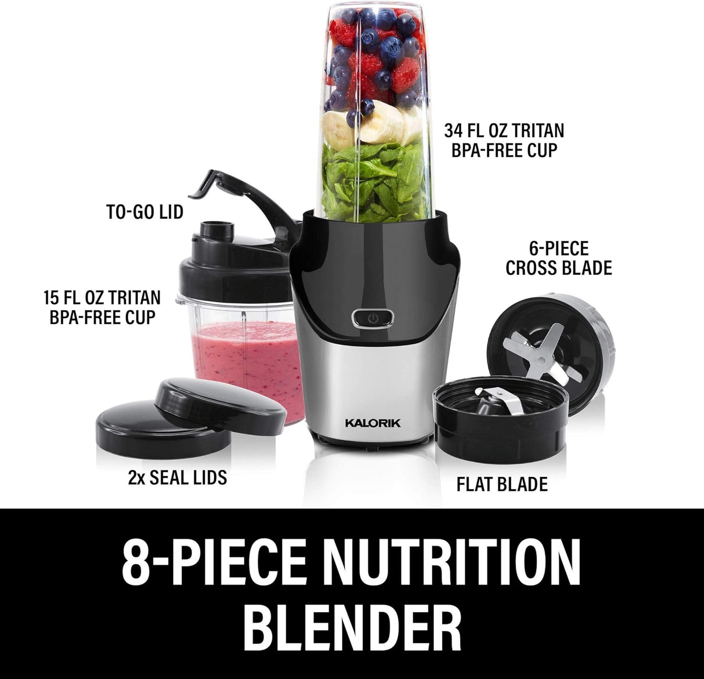 Kalorik Bullet Blender Set (34 oz /15.2 oz) High-Speed Portable Fitness Blender Set with Personal Blending Cup, Grinding Cup, Seal Lids, & To-Go Lid, 1000W, Black & Stainless Steel, NBL 45545 OW - Retail $69