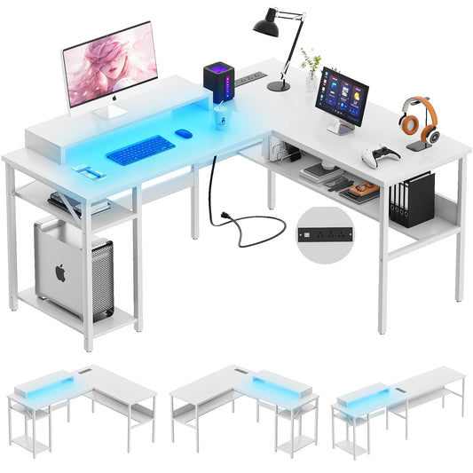 NEW - Unikito Reversible L Shaped Computer Desk with Power Outlets and Monitor Stand, Sturdy Corner Desk with RGB LED Light and Storage Shelves, Modern Work Desk for Home Office, Easy to Assemble, White
