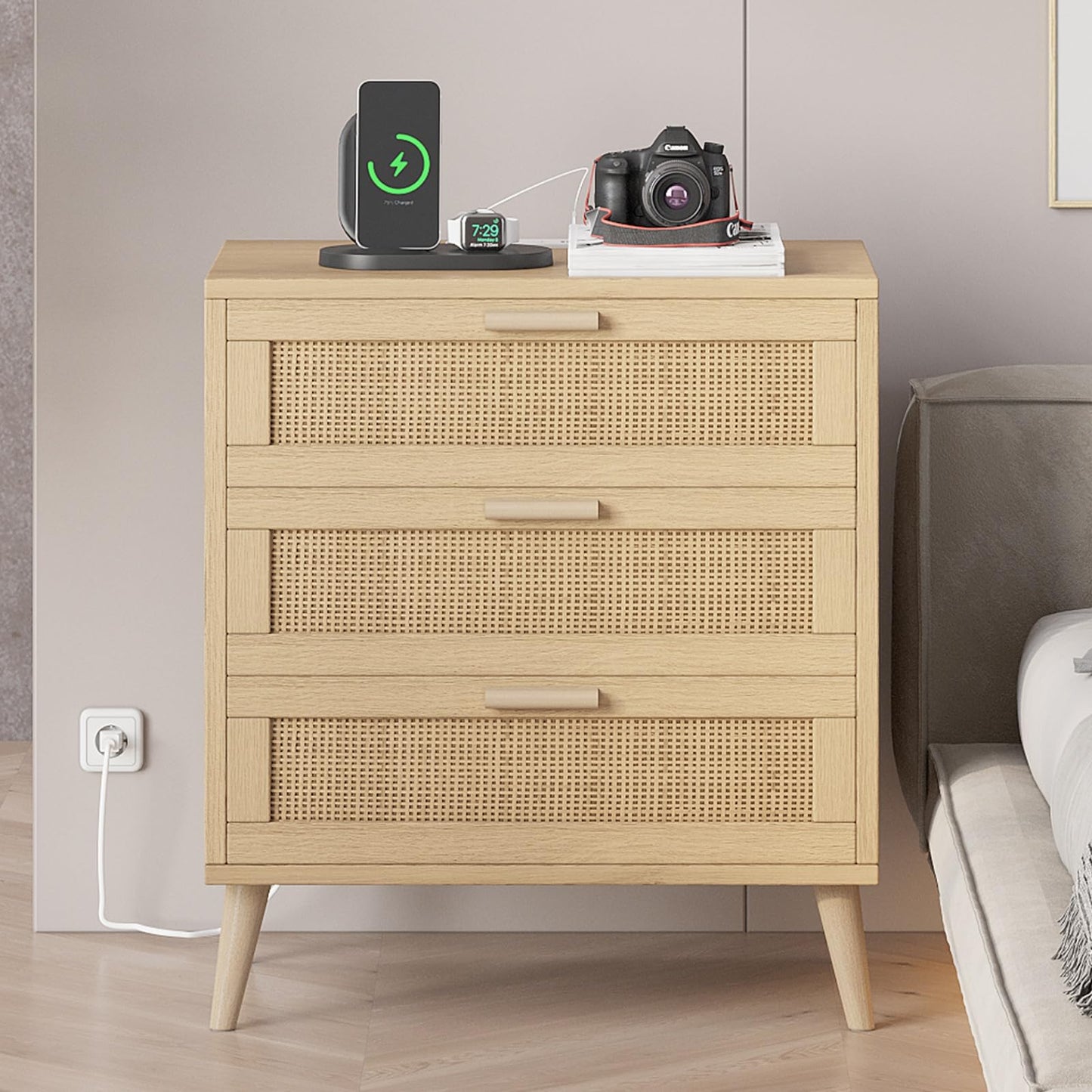 Irontar Rattan Nightstand with Charging Station, Night Stand with Rattan Decorated Drawers, Accent End Table, Bedside Table with Solid Wooden Legs for Bedroom, Natural BZZ006ME