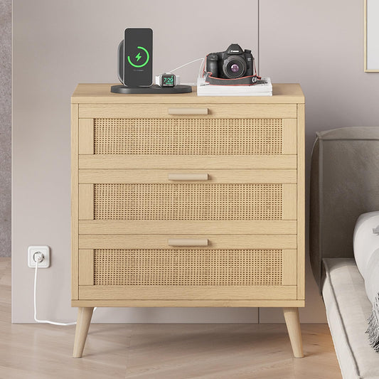 Irontar Rattan Nightstand with Charging Station, Night Stand with Rattan Decorated Drawers, Accent End Table, Bedside Table with Solid Wooden Legs for Bedroom, Natural BZZ006ME