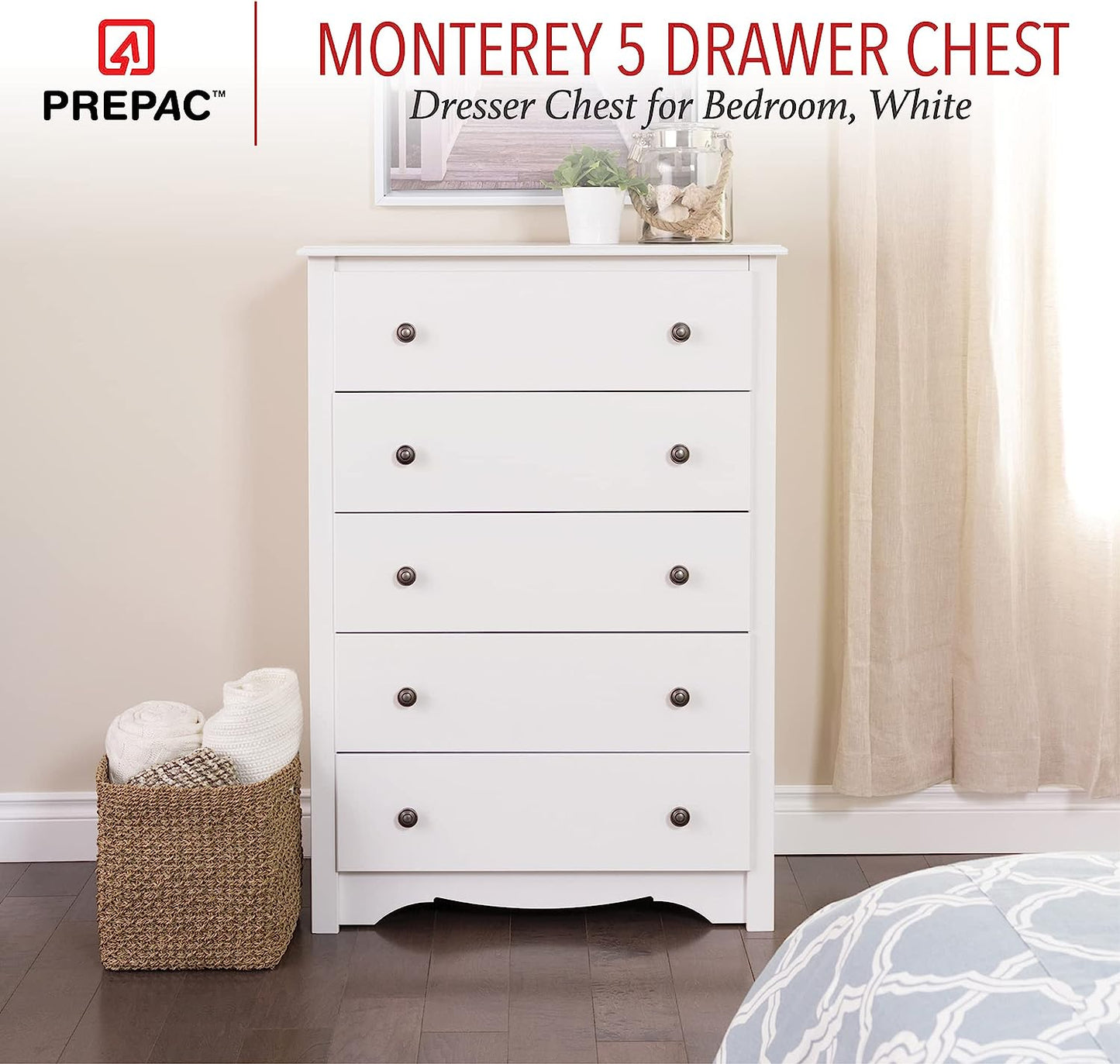 New w/ minor dmg - Prepac Sonoma Superior 5-Drawer Chest for Bedroom - Spacious and Stylish Chest of Drawers, Measuring 16"D x 31.5"W x 45.25"H, In White Finish - Retail $167