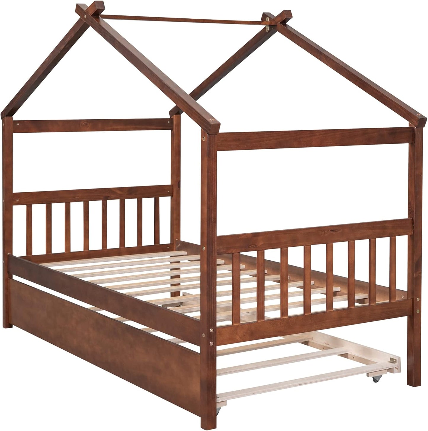 SPOFLYINN Full Size House Bed with Twin Size Trundle, Wooden House Bed Frame with Roof Headboard for Boys Girls Teens Bedroom Furniture (Mattress Not Included) Waln - Retail $367