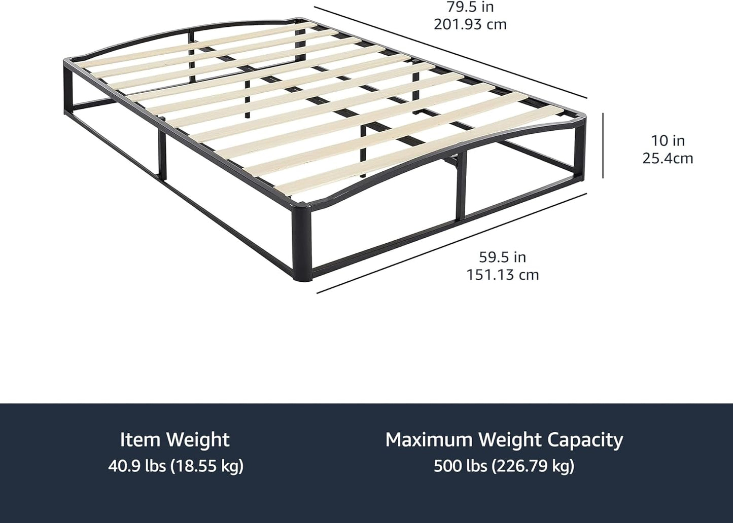 NEW - Amazon Basics QUEEN Metal Platform Bed Frame with Wood Slat Support, 10 Inches High, Black - Retail $137