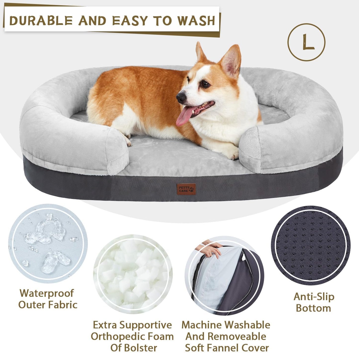 Pettycare 38 inches Memory Foam Dog Beds for Large Dogs, Orthopedic Dog Bed Washable with Removable Cover and Waterproof Liner, Couch Pet Bed Sofa with Sides and Antislip Bottom Fits up to 75lbs, Grey