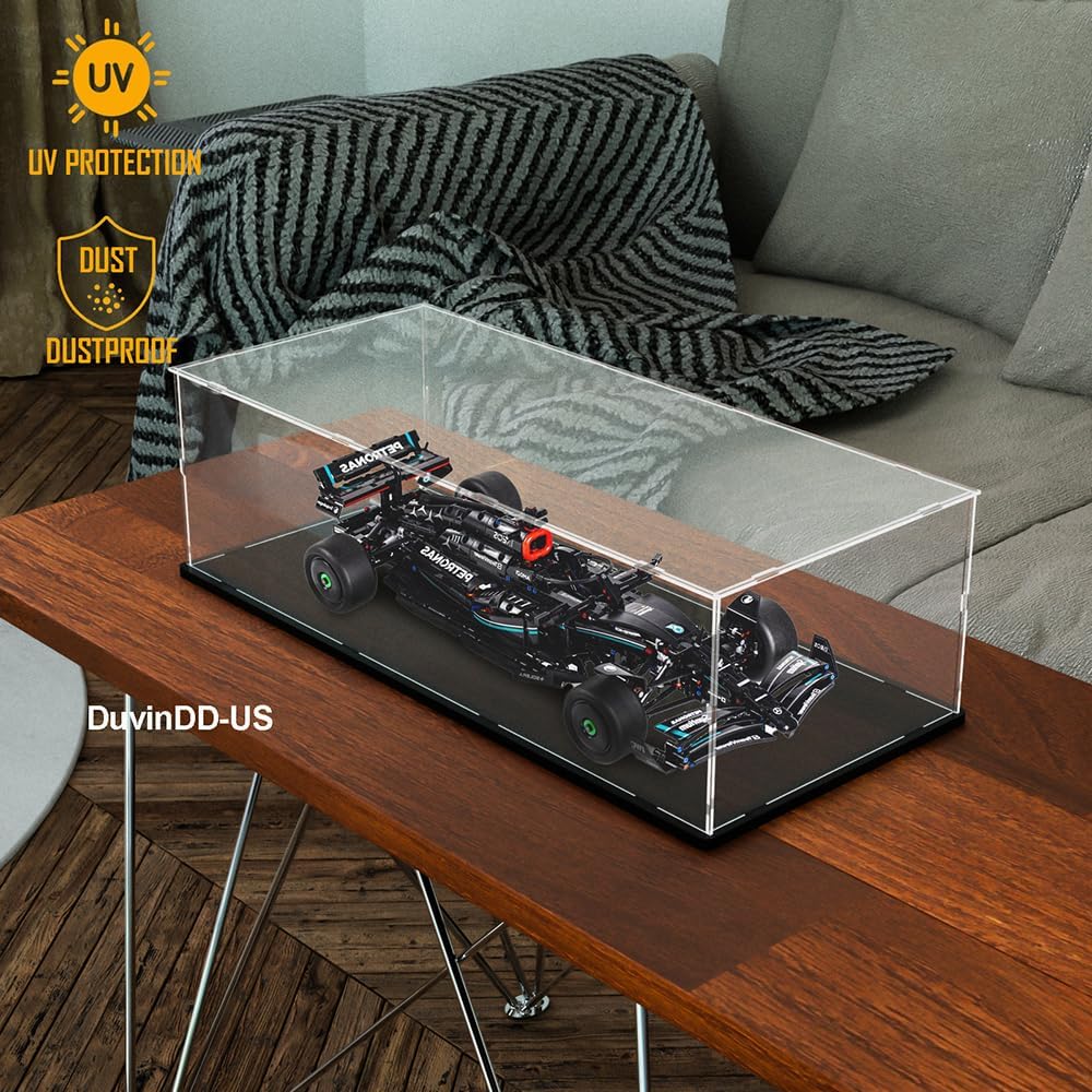 DuvinDD Acrylic Display Case for Lego Car Mercedes F1 42171, McLaren F1 42141, Clear Large Display Box 1/8 Scale Model Car Dustproof for Collectibles with Black Base(27.5x11.8x7.8 inch)