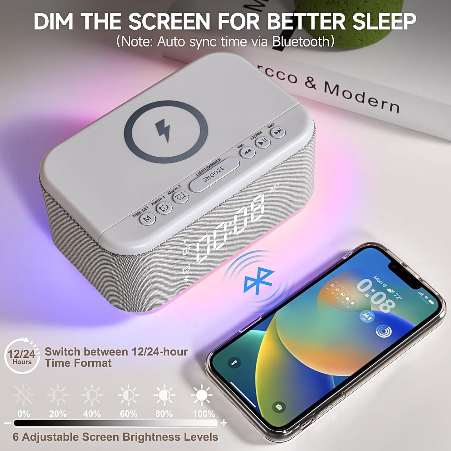 Alarm Clock Speaker Wireless Charger, Digital Alarm Clocks Bedrooms Bluetooth, Alarm Clock Dimmable Light Bedrooms Dual Alarm Snooze Dimmer 12 24H RGB Night Light Bluetooth USB AUX, White
