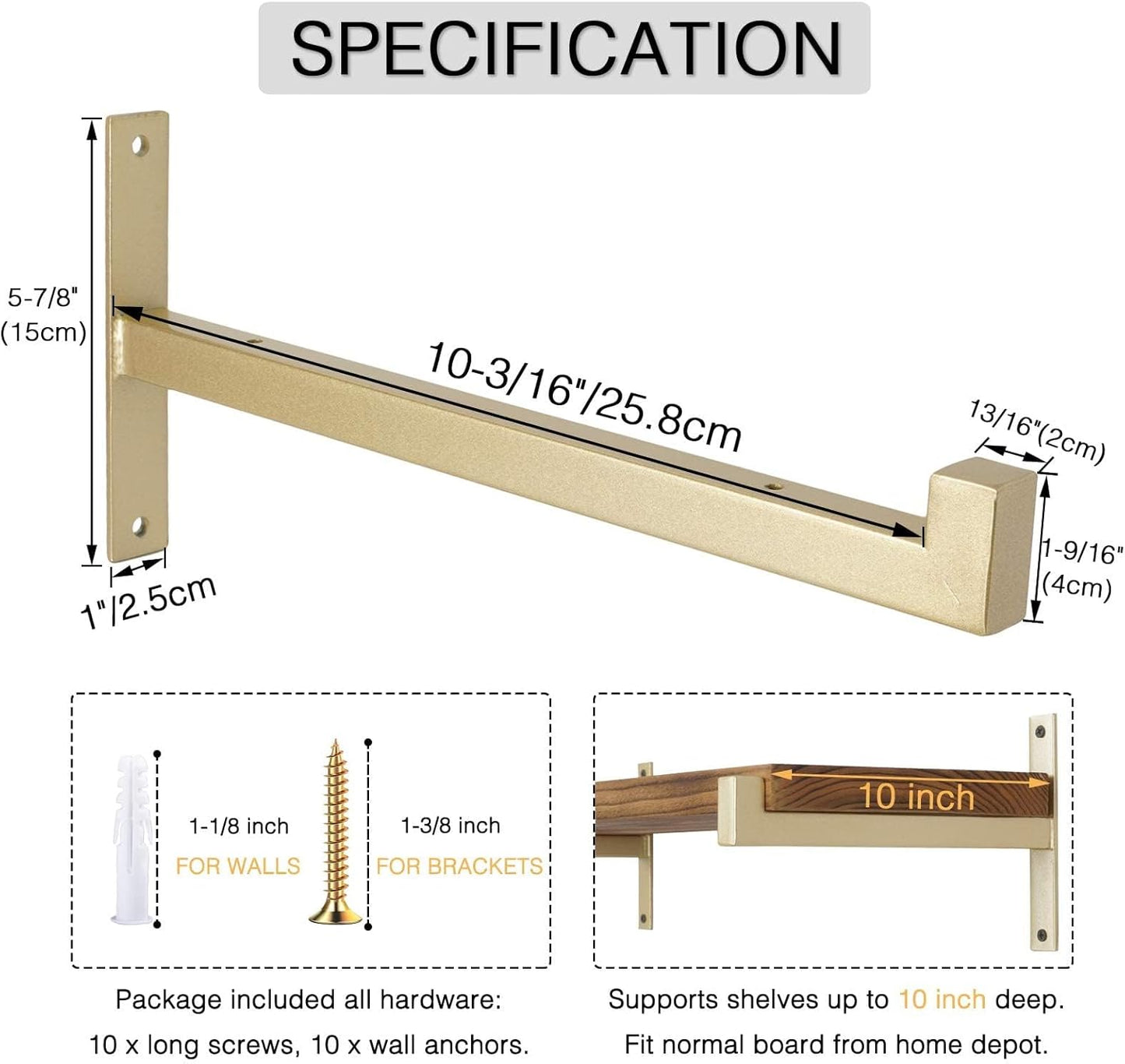 OVOV 4 Pcs Heavy Duty Shelf Brackets Wall Mounted Industrial Metal Shelf Supports (Gold) 10"