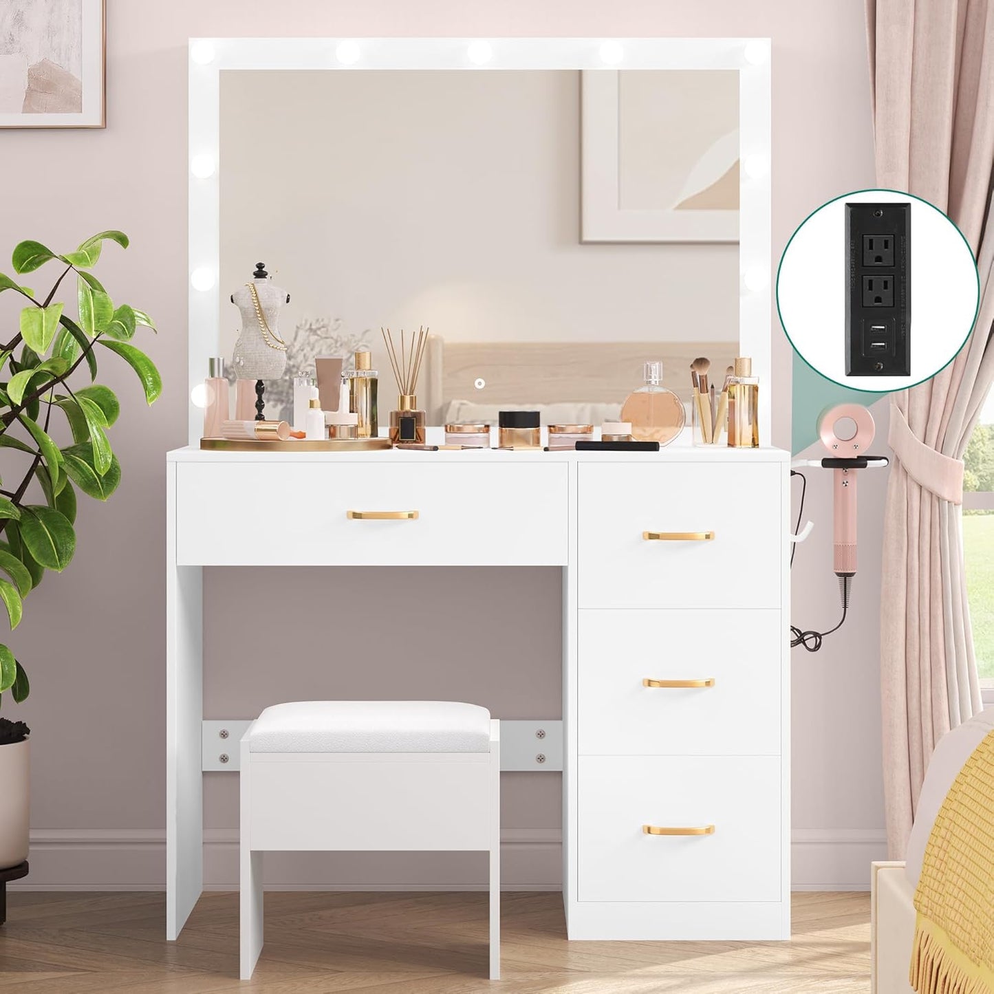 YITAHOME Vanity Desk Set with Large Lighted Mirror & Power Outlet
