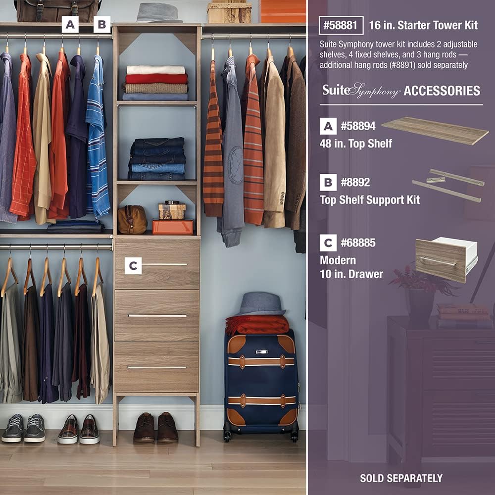 NEW w/ dmg - ClosetMaid SuiteSymphony Wood Closet Organizer Starter Kit with Tower and 3 Hang Rods Shelves, Adjustable, Fits Spaces 4 – 9 ft. Wide, Natural Gray, 16"