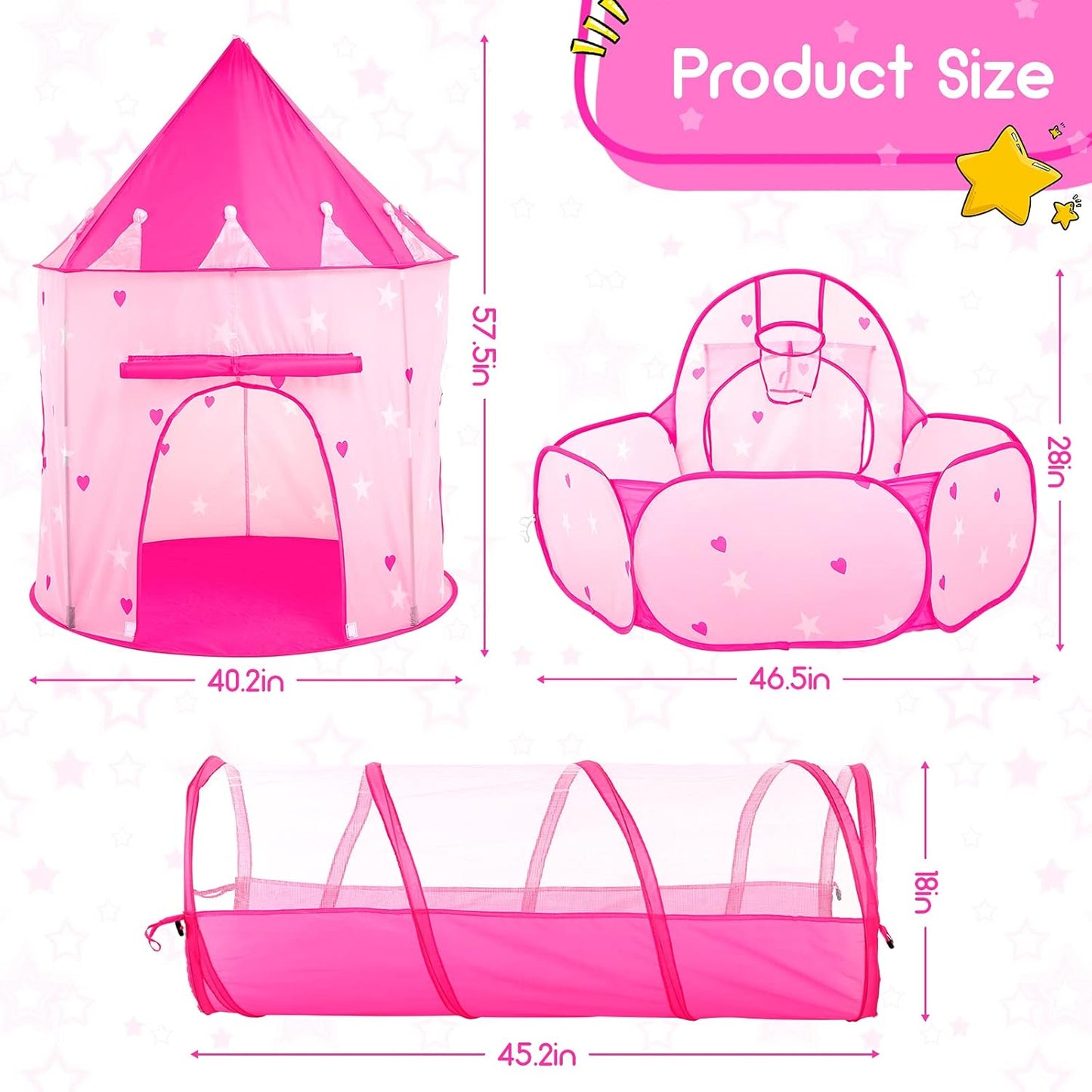 PigPigPen 3pc Kids Play Tent for Girls with Ball Pit, Crawl Tunnel, Princess Tents for Toddlers, Baby Space World Playhouse Toys, Boys Indoor& Outdoor Play House, Perfect Kid’s Gifts