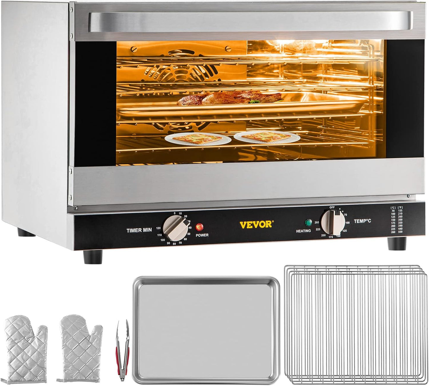 NEW - VEVOR Commercial Convection Oven, 47L, 1600W, 4-Tier Design, Glass Door, Countertop Size, Includes Racks & Trays