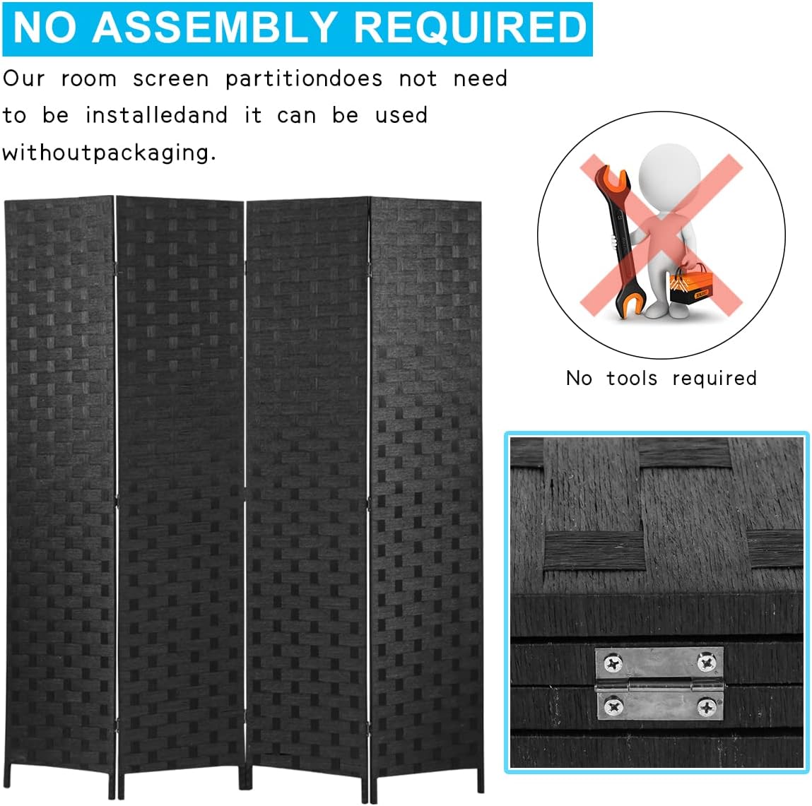 Room Divider 4 Panel 6ft Tall, Wood Folding Room Divider Screens Wood Mesh Hand-Woven, Black, WS180, ‎17.73 x 17.73 x 70.92 inches - Retail $70