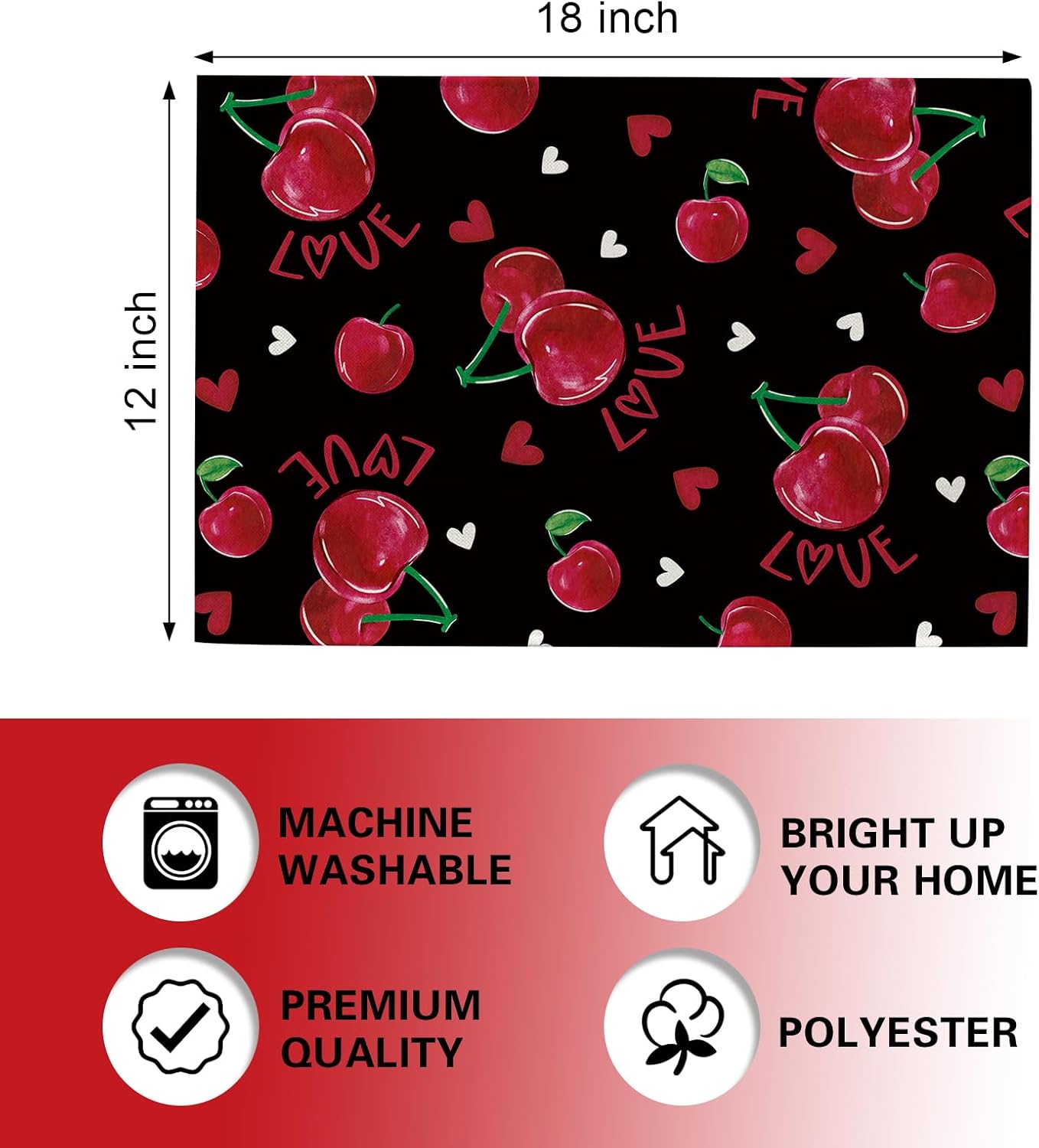 Valentines Day Cherry Black Placemats Set of 4, Love Hearts Dining Place Mats Table Decor, Anniversary Wedding Home Kitchen Decoration 12 x 18 Inch