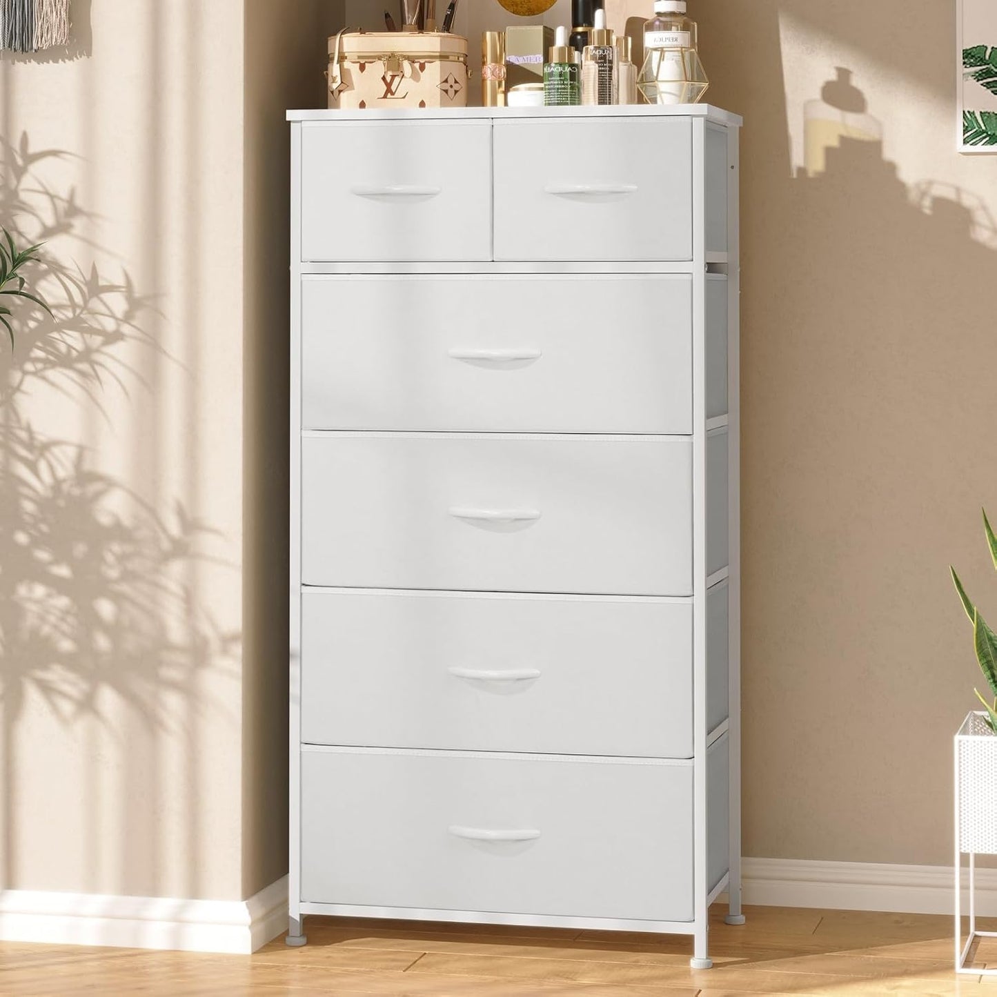 Crestlive Products Tall Dresser for Bedroom Vertical Skinny Dresser - Sturdy Steel Frame, Wood Top, Easy Pull Fabric Bins- Organizer Unit for Bedroom, Entryway, Closets - 6 Drawers (White)