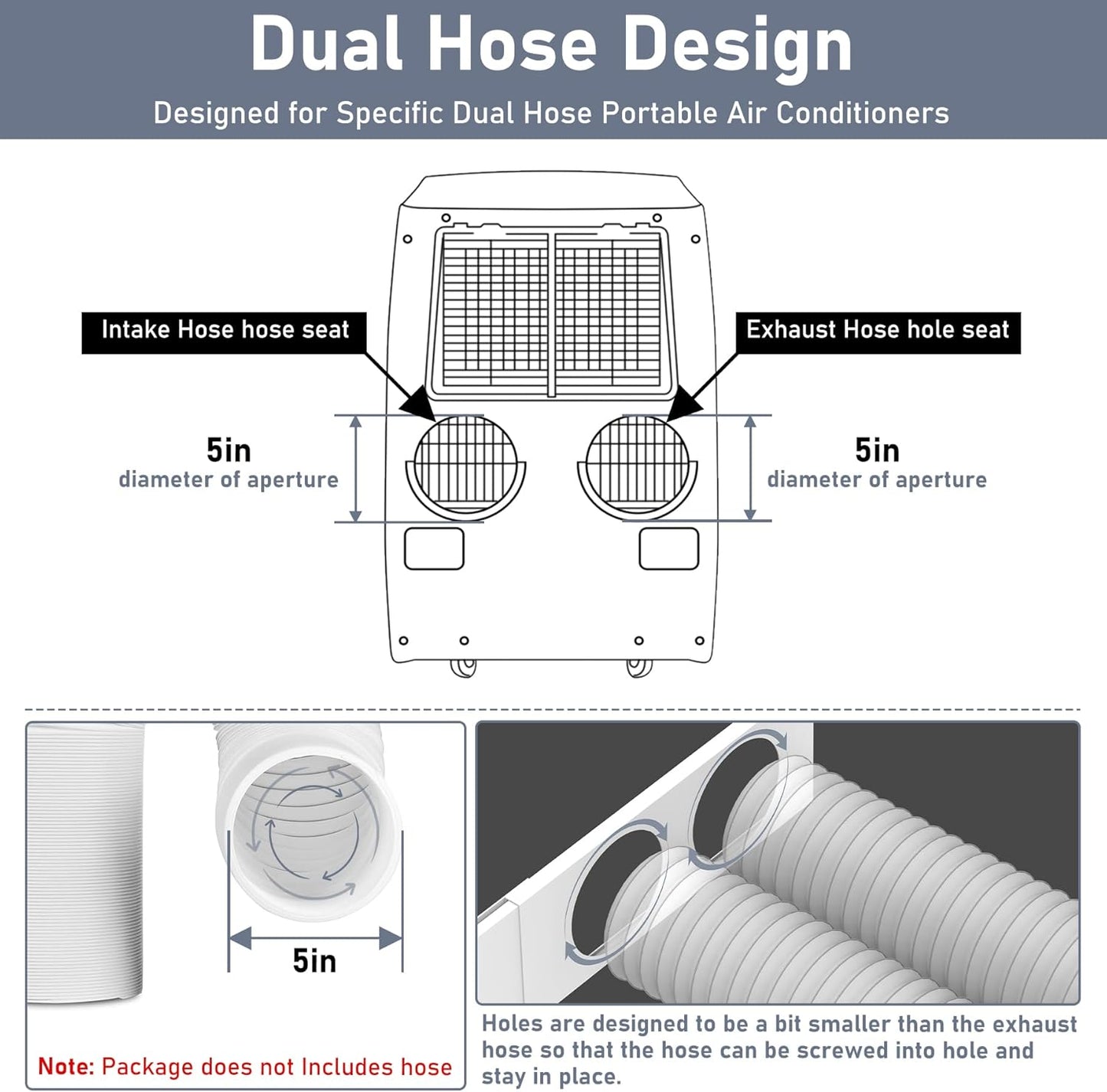 Flamorrow Dual Hose Portable Air Conditioner Window Kit, Adjustable Window Seal Plates for 5" Diameter Exhaust Hose, Sliding AC Window Vent Kit with Foam Seal Strip, White