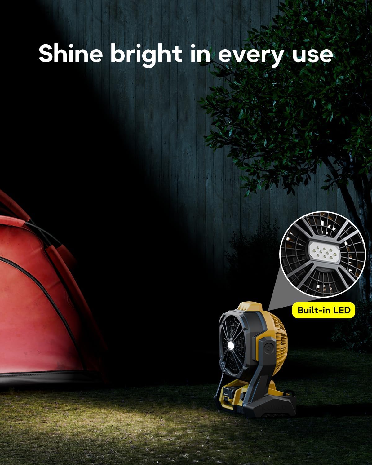 Battery Operated Fan, for DeWalt 20V Max Battery, Camping Fan Cordless, Option for Corded, with LED Lights, Variable Speed, Hook for Hanging, for Jobsite, Black(Battery Not Included)