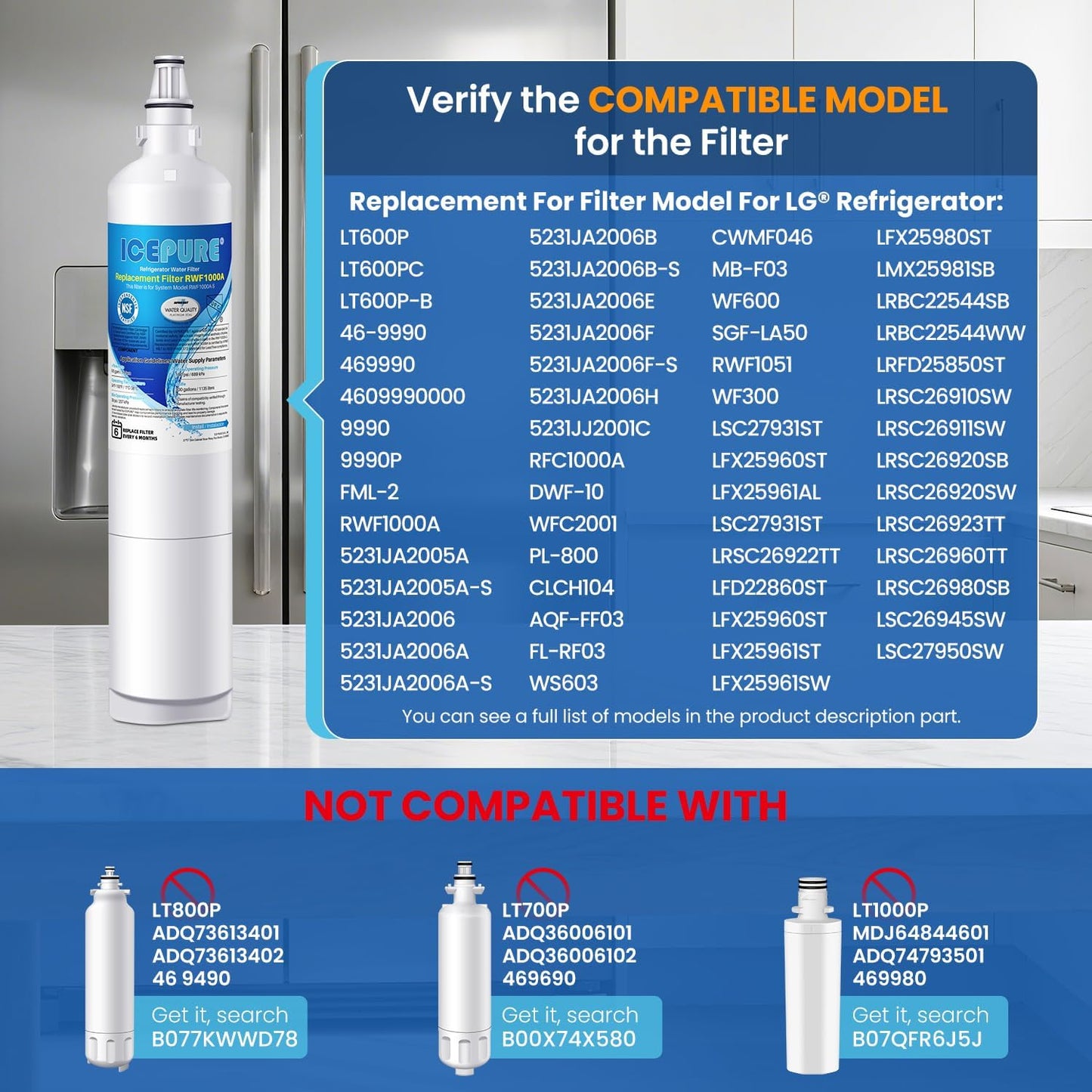 ICEPURE 5231JA2006A Replacement for LG LT600P, KENMORE 9990, 5231JA2006B, KENMORECLEAR 46-9990, 5231JA2006A-S, WFC2001, LSC27931ST, LFX25960ST, FML-2,RWF1000A Refrigerator Water Filter 1PACK