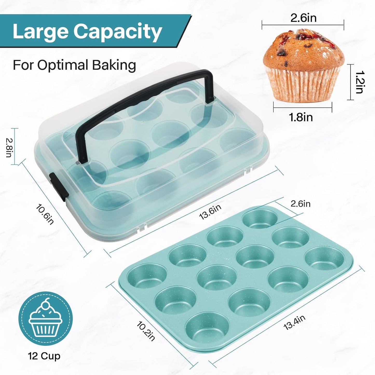 Blue 12-Cup Muffin Pan with Lid, 2-Pack Metal Cupcake Pan with Handle, Portable Blue Muffin Pans Nonstick 12 with Cover Ideal for Easy Carrying, Holiday, Party and Travel
