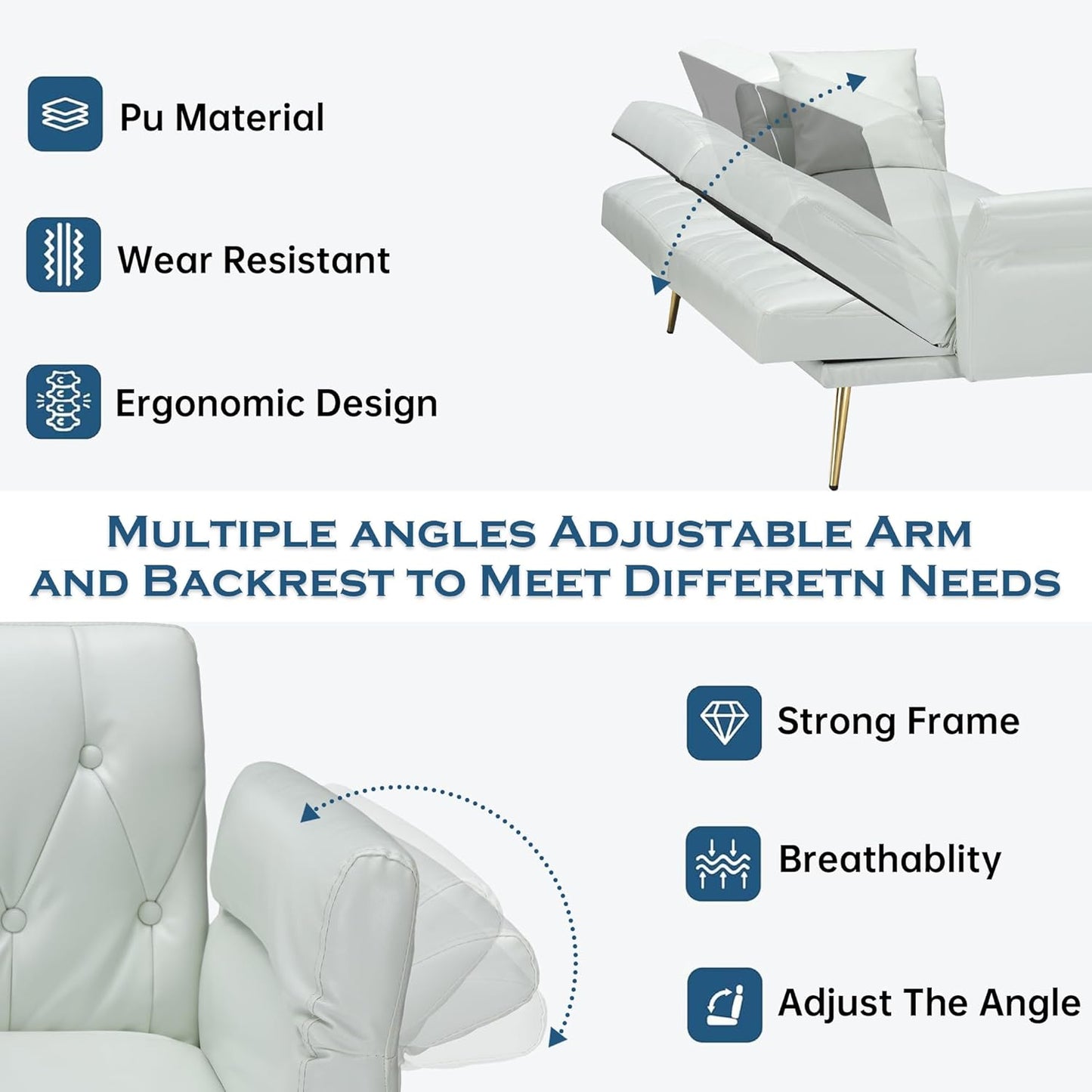 NEW - Elevon Futon Couch, Convertible Futon Sofa Bed, Faux Leather Folding Recliner Sleeper, Modern Lounge Sofa with Adjustable Armrests and Pillow for Living Room, Small Space, Office, Apartment, White - Retail $270