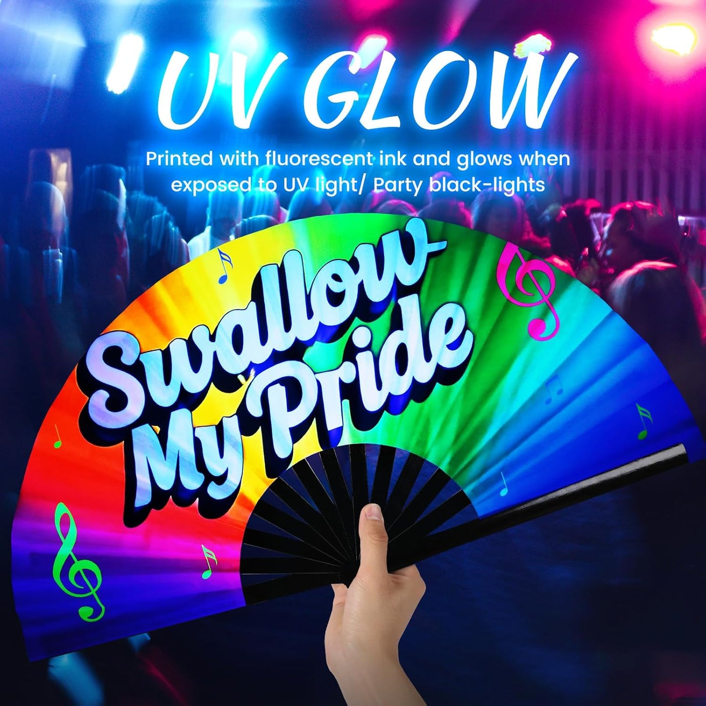 SYNTECSO Folding Hand Fan for Rave, Popping Fan for Line Dancing, Drag Queen, Women and Men Gift，Chinese Japanese UV Glow Clack Fan for Parties, Music Festivals, EDM and Decoration