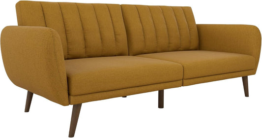 NEW - Novogratz Brittany Sofa Futon - Premium Upholstery and Wooden Legs - Mustard - Retail $232