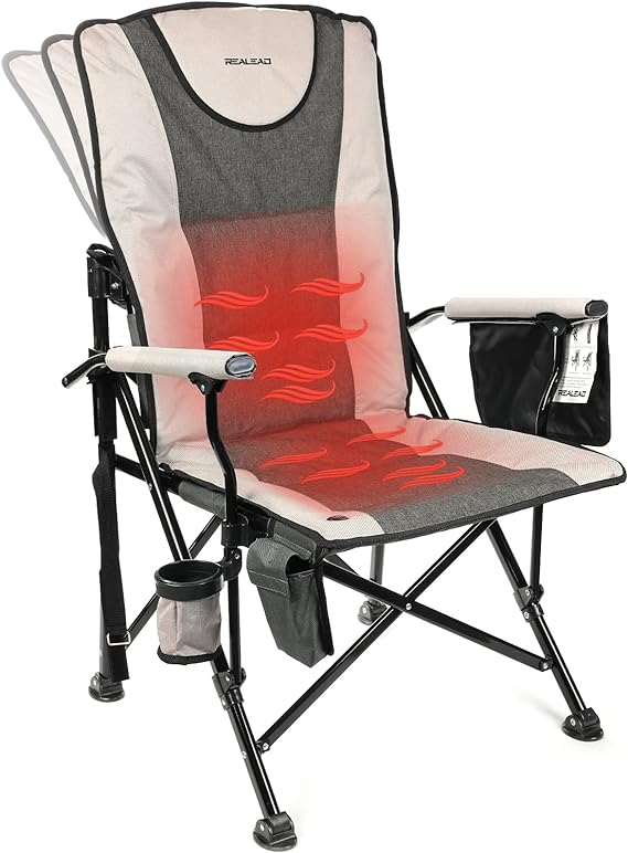 NEW - REALEAD Heated Camping Chair - Fully Padded Heated Camp Chairs for Outdoor Sports - Heavy Duty Folding Chairs Supports 400 lbs - Perfect for Outside Sport Events, Concert, Battery NOT Included - Retail $89