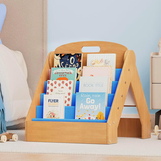 ZIFTY Kids Bookshelf 2-in-1 Design Book Organizer and Easel for Kids, Montessori Book Shelf for Kids Rooms, 4 Tier Bookcase for Age 3+ Girl Boy´s Bedroom Decor, Storage for Small Toys, Blue