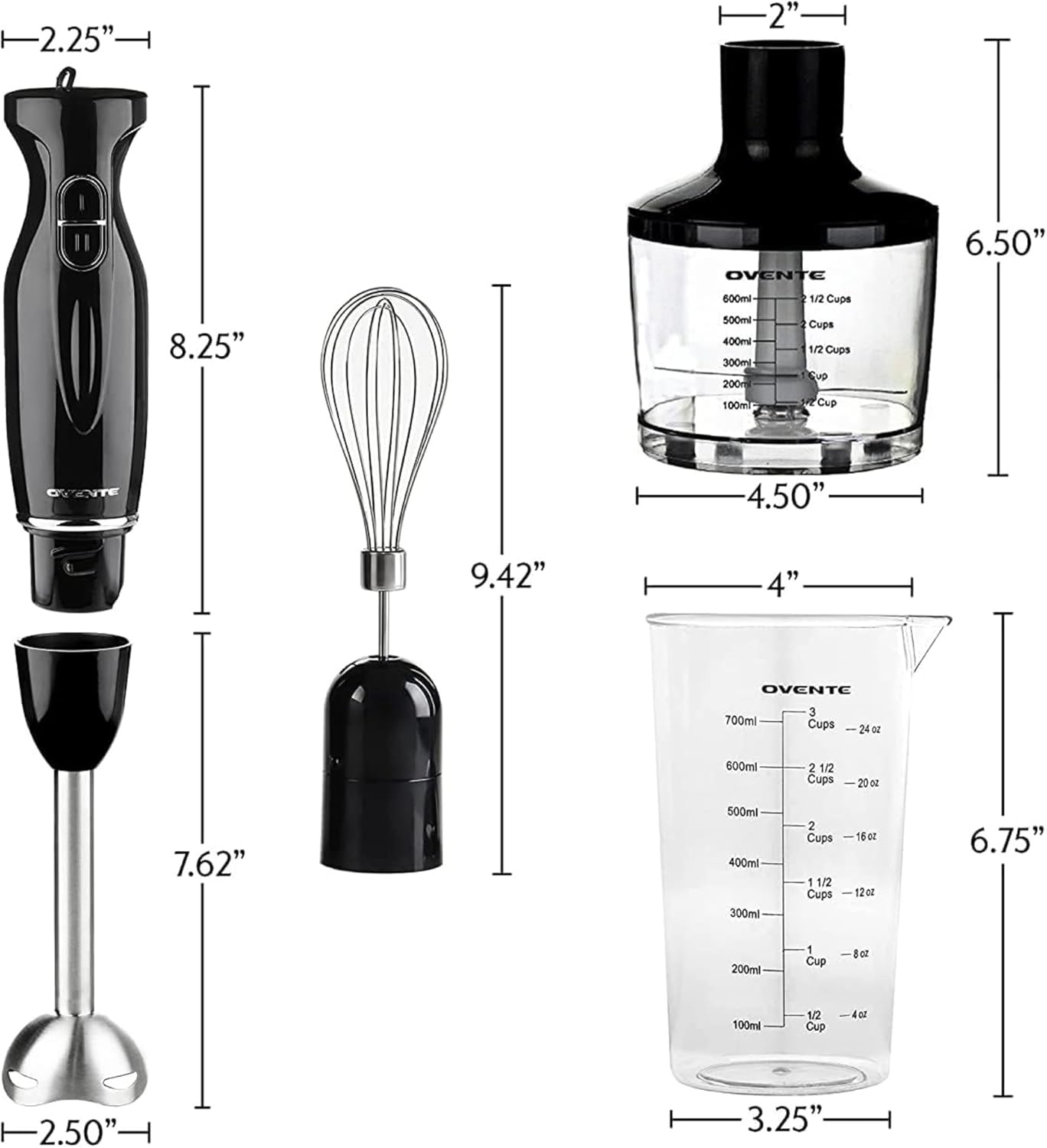 OVENTE Immersion Hand Blender, 300W Electric Handheld Portable Stick Mixer Set with 2 Mixing Speed, Stainless Steel Blades, Egg Whisk Attachment, Mixing Beaker and BPA-Free Food Chopper, Black HS565B