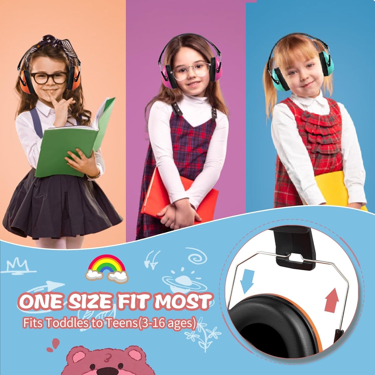 MelonArt Kids Ear Protection Earmuff Headphones for Noise Reduction (Mint & Pink & Orange)