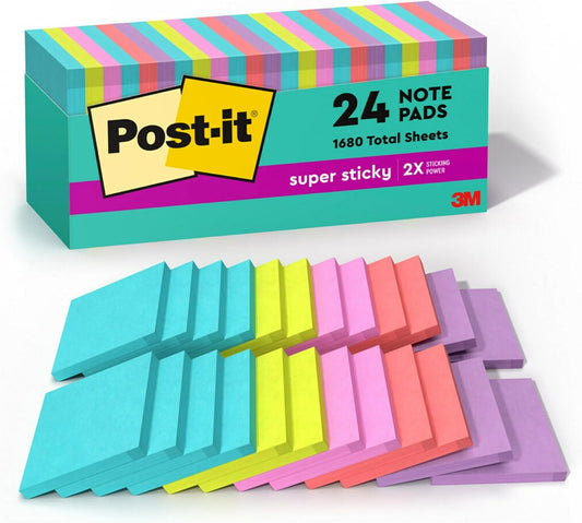Post-it Super Sticky Notes, 24 Sticky Note Pads, 3 x 3 in., School Supplies, Office Products, Sticky Notes for Vertical Surfaces, Monitors, Walls and Windows, Supernova Neons Collection - Retail $22