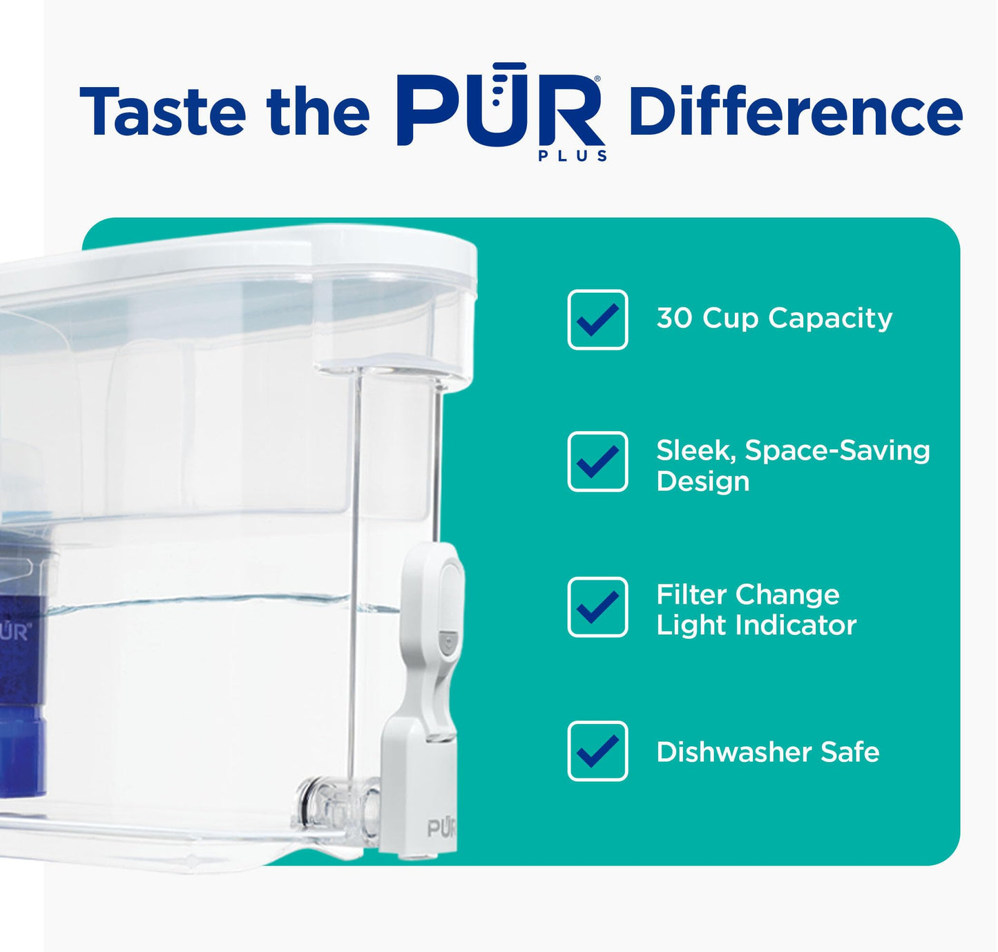 NEW - PUR PLUS 30-Cup Water Filter Dispenser with 1 Lead-Reducing PUR PLUS Filter, Dishwasher Safe, Powerful Filtration, Large Capacity with Slim, Space-Saving Design, White (DS1811Z)