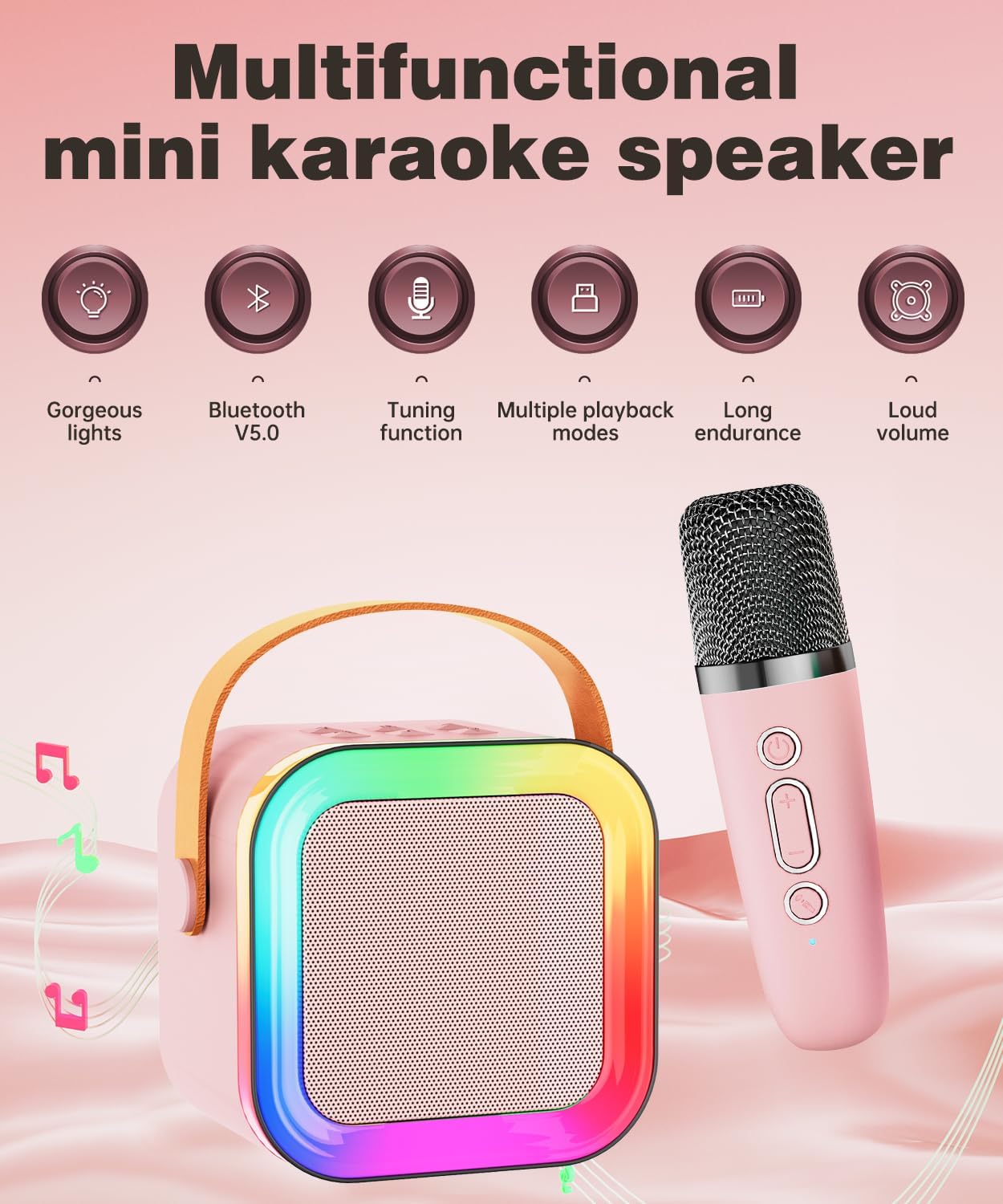 Mini Karaoke Machine Speaker for Kids Adults,Portable Bluetooth with 1-2 Wireless Microphones,Christmas Birthday Gifts Toys Girls Boys Ages 4, 5, 6,7, 8,9,10,11,12+ Years Old Toddler (Pink - 1 Mic)