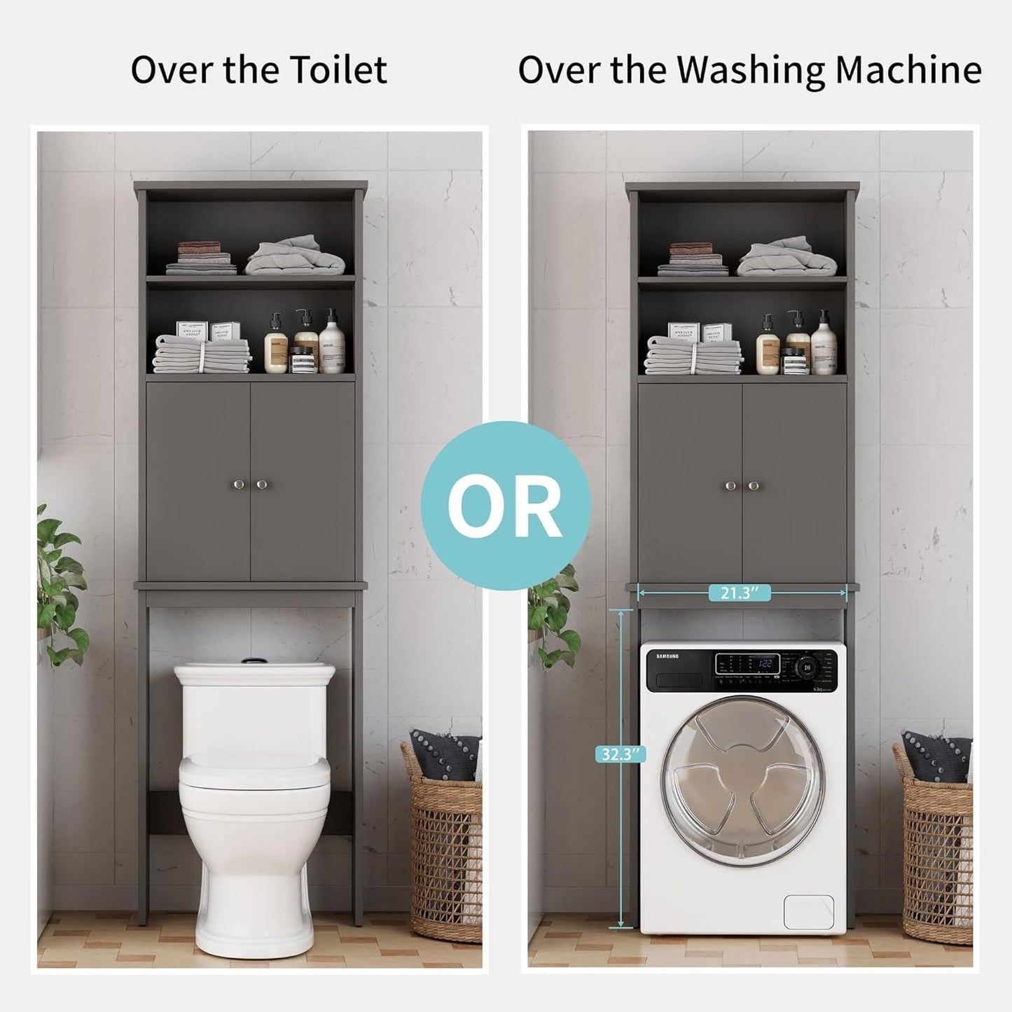 Shintenchi Over The Toilet Storage Cabinet, Bathroom Above The Toilet Rack, Bathroom Adjustable Shelf Organizer with Open Bottom Bar and Anti-Tip Device, Gray