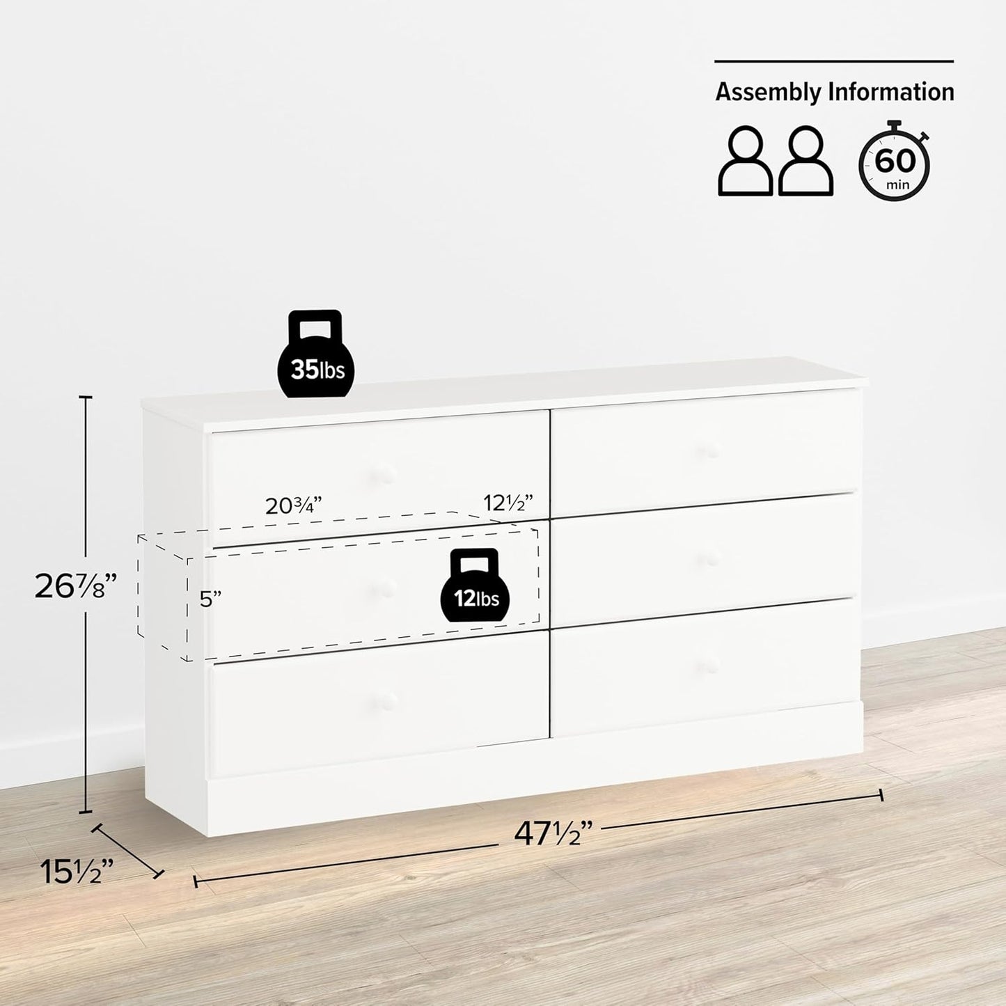 NEW - Prepac Astrid 6 Drawer Double Dresser for Bedroom, Wide Chest of Drawers, Bedroom Furniture, Clothes Storage and Organizer, 15.5" D x 47.5" W x 26.85" H, White - Retail $170