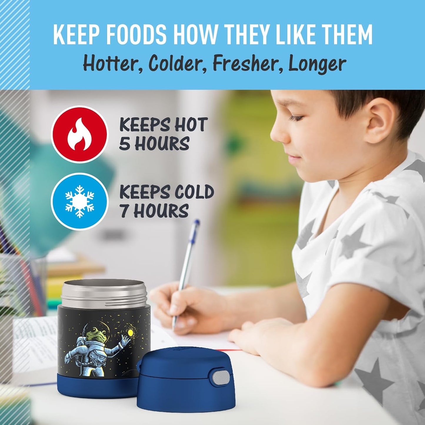 THERMOS FUNTAINER 10 Ounce Stainless Steel Vacuum Insulated Kids Food Jar with Spoon, Space Frog