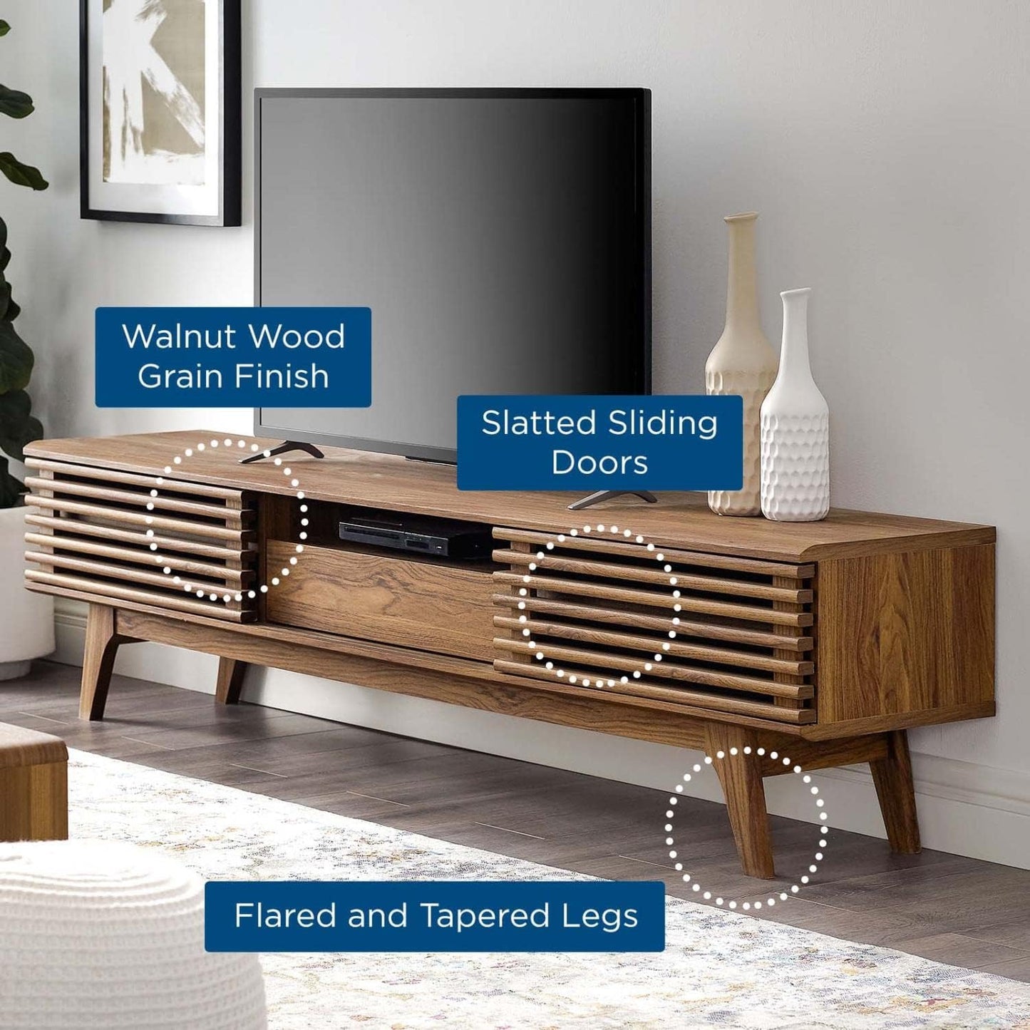Modway Render 70" Mid-Century Modern Low Profile Entertainment TV Stand, 70 Inch, Walnut Walnut - Retail $221