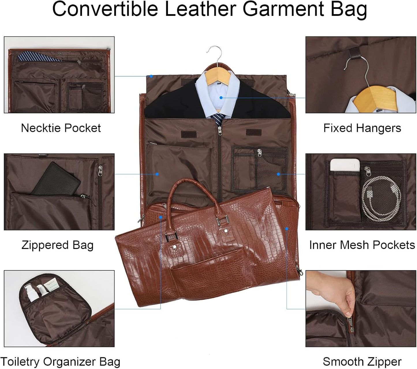 Modoker 2-in-1 Convertible Leather Garment Bag,Waterproof Carry On Garment Duffel for Business Travel,Hanging Suitcase with Shoulder Strap,Luggage for Men & Women, Light Brown