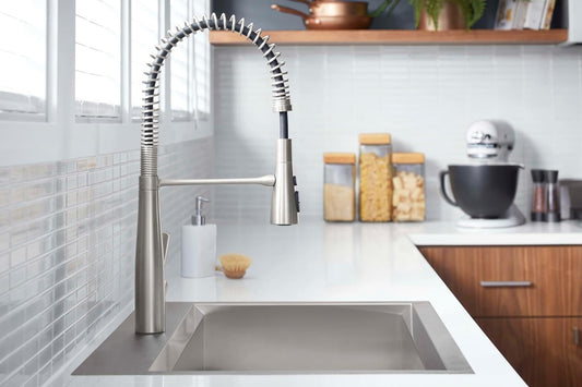 NEW - KOHLER K-R22745-SD-VS Semi-Professional Kitchen Faucet with Soap Dispenser/Lotion Dispenser, Commercial Kitchen Sink Faucet with Pull-Down Sprayhead, Vibrant Stainless - Retail $306