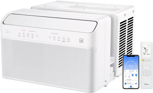 NEW w/ Dent - Midea 12,000 BTU U-Shaped Smart Inverter Window Air Conditioner–Cools up to 550 Sq. Ft., Ultra Quiet with Open Window Flexibility, Works with Alexa/Google Assistant, 35% Energy Savings, Remote Control - Retail $499