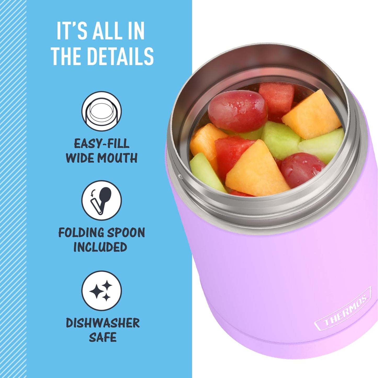 THERMOS FUNTAINER 16 Ounce Stainless Steel Vacuum Insulated Food Jar with Folding Spoon, Neon Purple - Retail $23